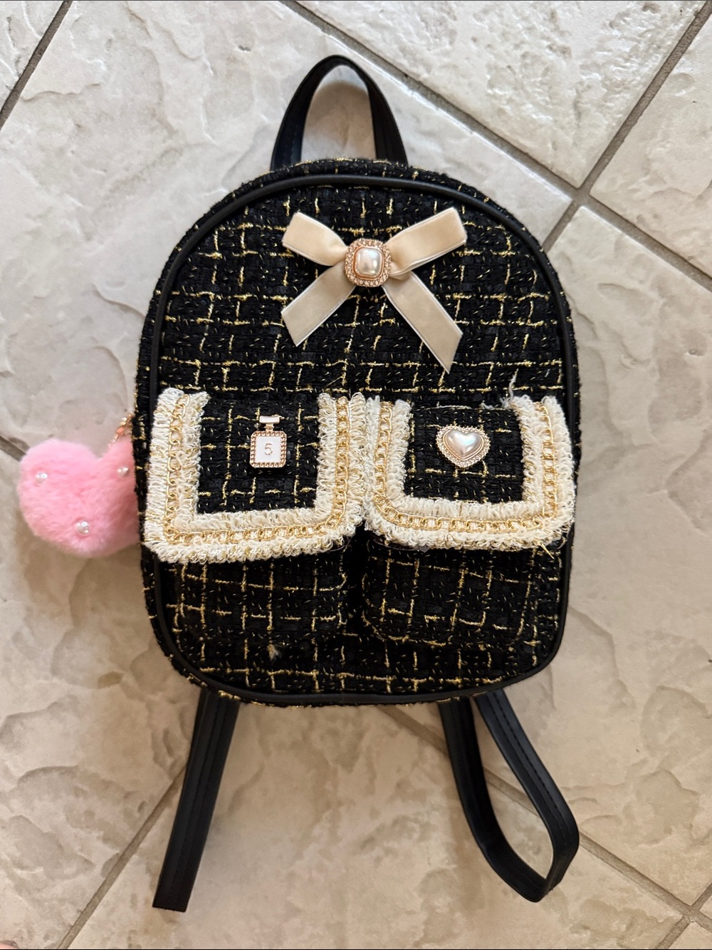 NWOT Black Tweed Mini Backpack with Cream Trim and Pearl Bow Accent